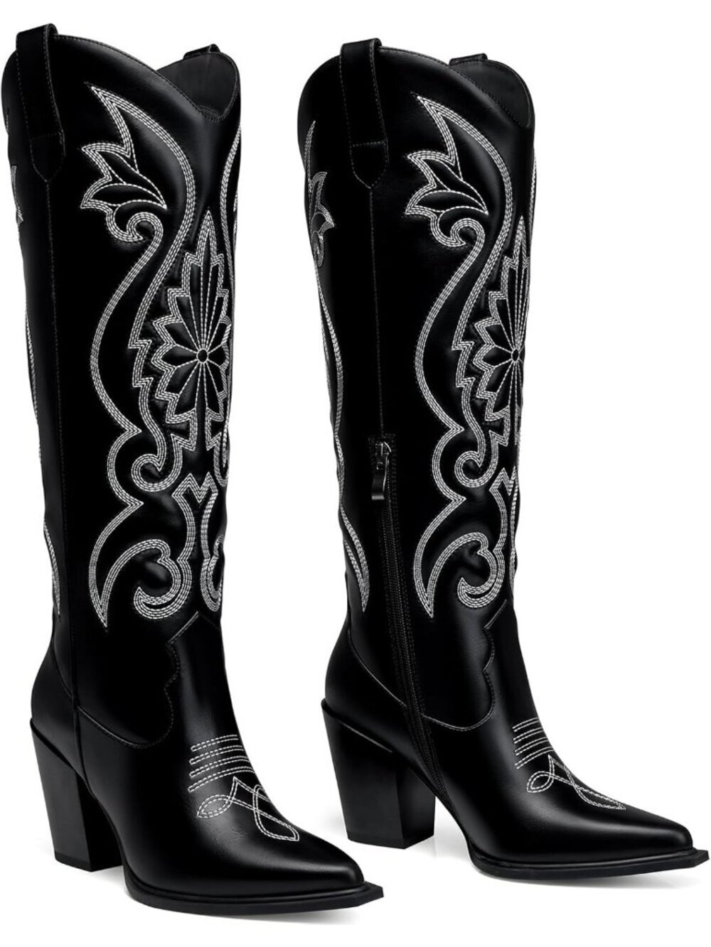 Women's Black High Cowboy Boots 3.5 Inch Chunky Heels Cowgirl Boot Pointed Toe